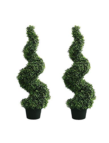 3 Ft momoplant 2 Set Artificial Spiral Boxwood Topiary Trees 90cm Realistic Buxus for Outdoor and Indoor Decor with Black Pot