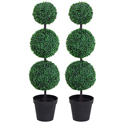 112cm Outsunny Set of 2 Artificial Boxwood Ball Topiary Trees Potted Decorative Plant Outdoor and Indoor Décor